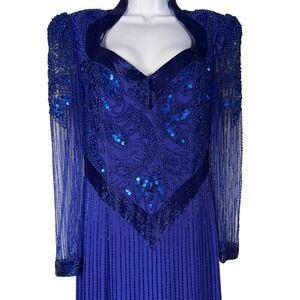 Vintage 100% Silk Royal Blue Beaded Sequin Formal Evening High Gown Long Size 16